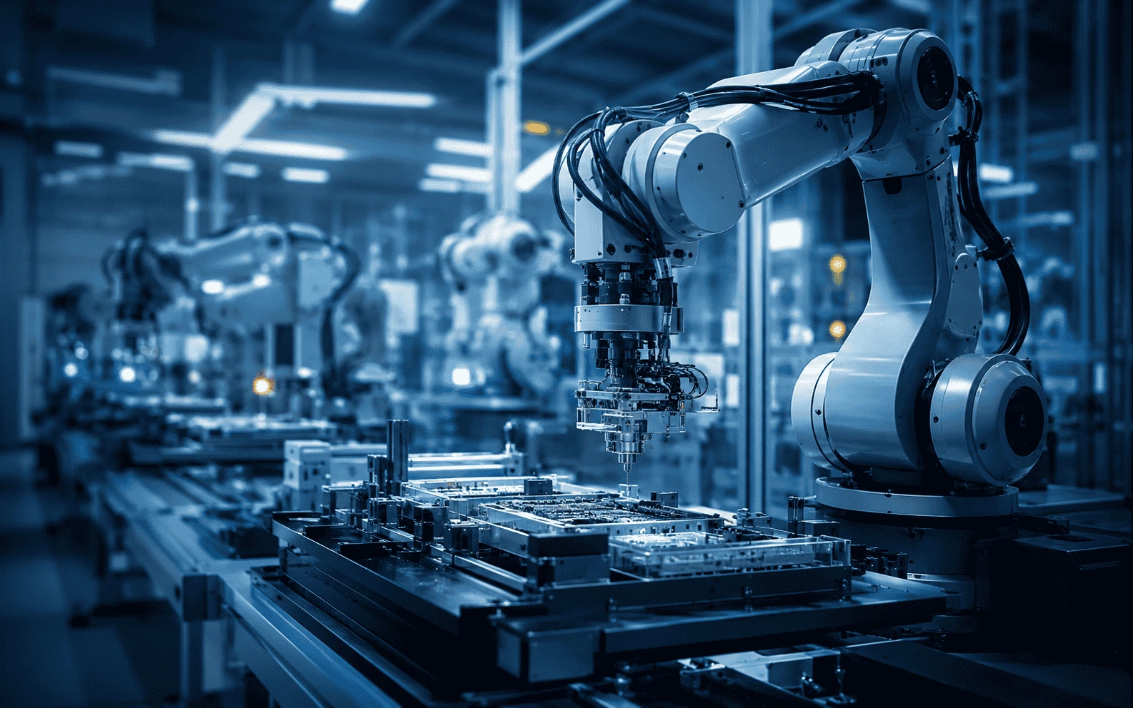 Advanced robotic arms operating in a modern technology laboratory