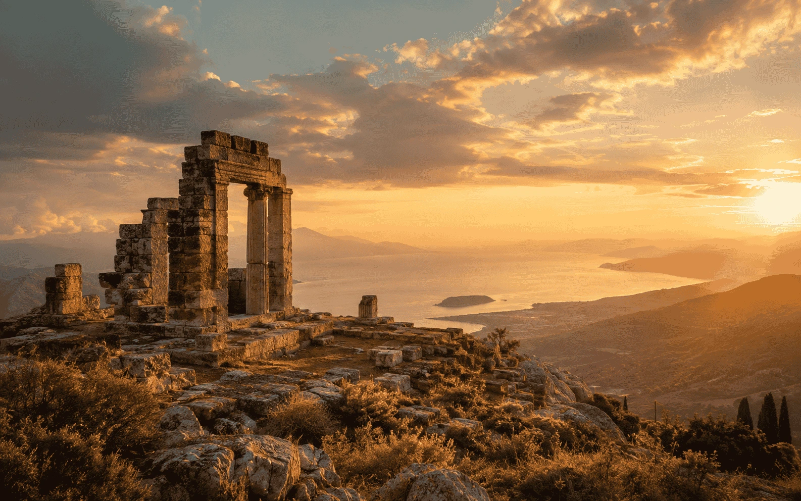 Ancient ruins overlooking a landscape at sunset