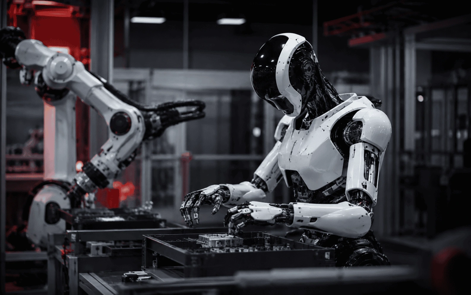 Humanoid robot working beside industrial robotics in a workshop