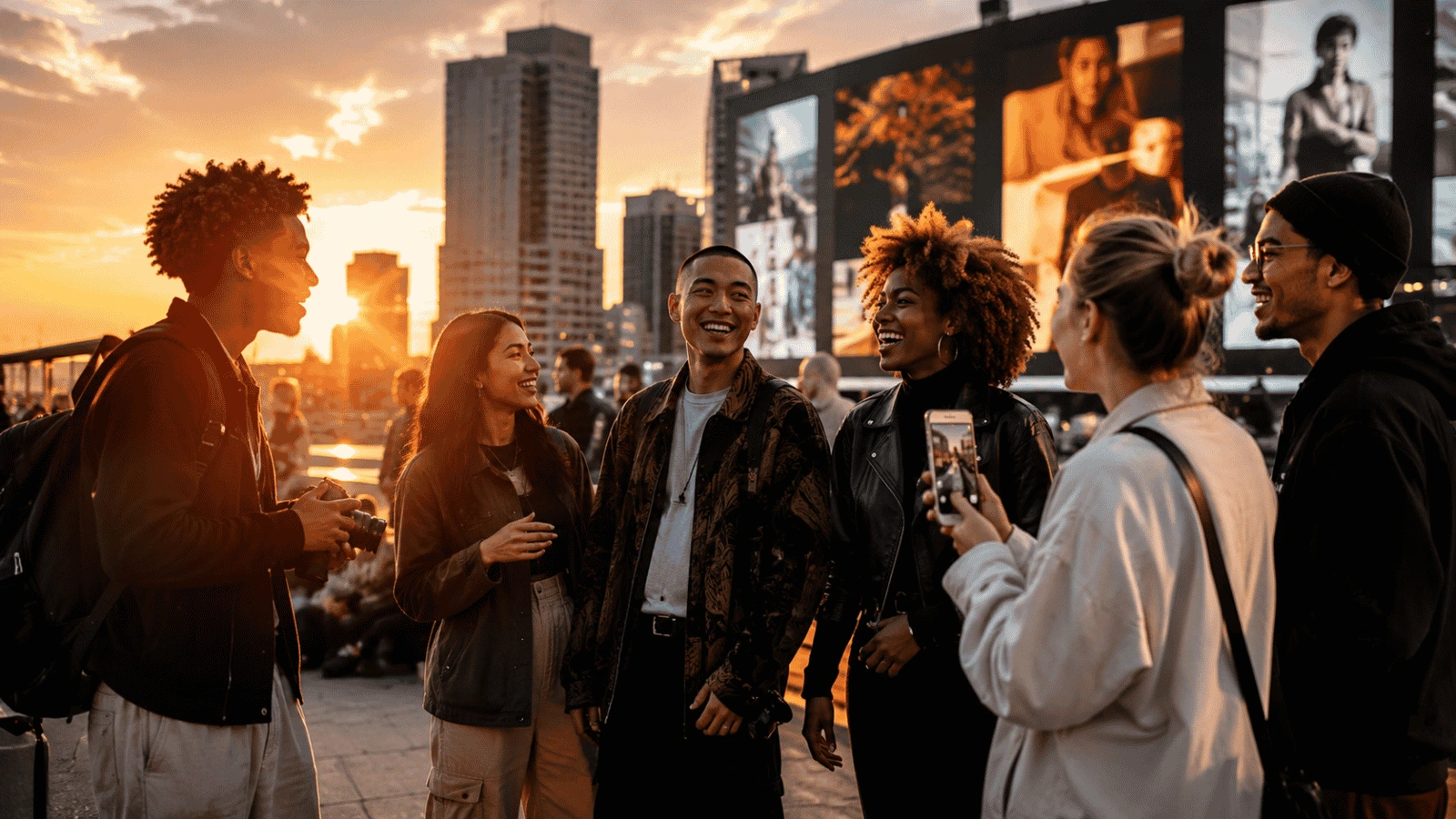 Friends talking together in a city at sunset