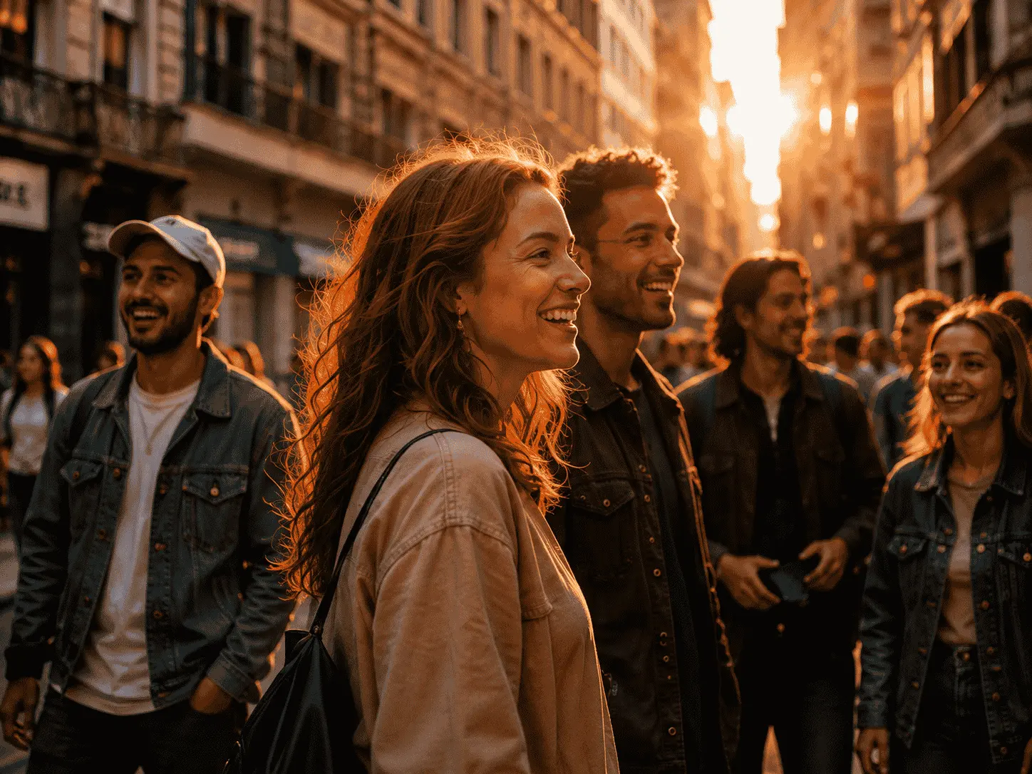 Friends walking and talking together in the city at sunset